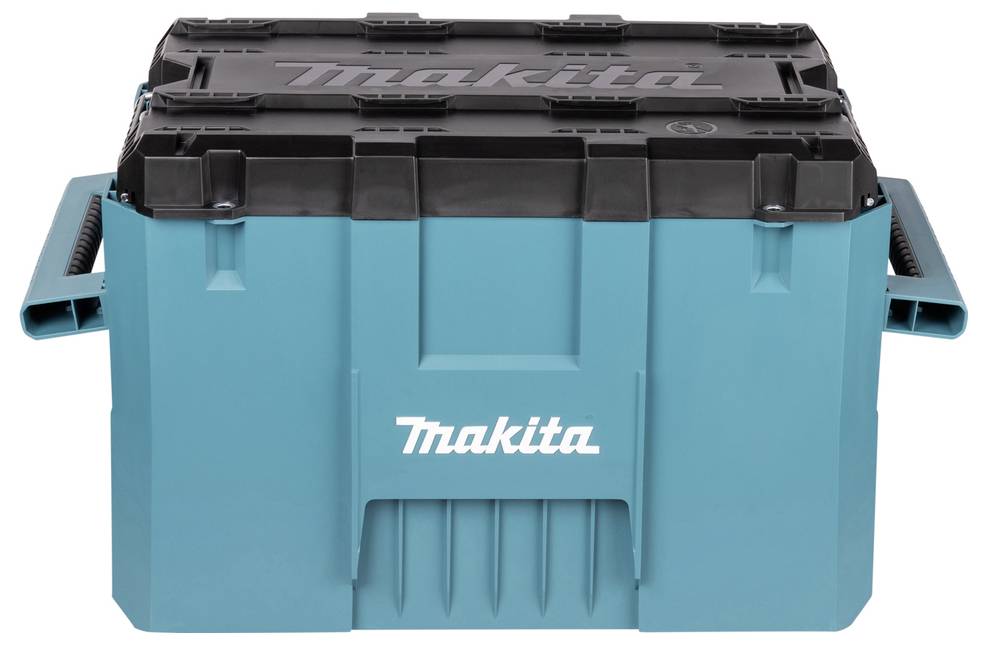 Eine türkise und schwarze Makita-Werkzeugaufbewahrungsbox mit zwei Seitengriffen, mit dem Makita-Logo auf der Seite und dem Deckel.
