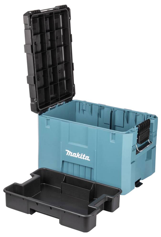 Offene blau-schwarze Werkzeugkiste mit herausnehmbarem Tablett und Tragegriff.