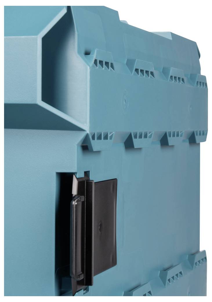 Ein Nahaufnahmebild eines türkisfarbenen Lagerbehälters mit einer schwarzen Verriegelung. Das Design zeigt geometrische Muster auf dem Deckel und an den Seiten.