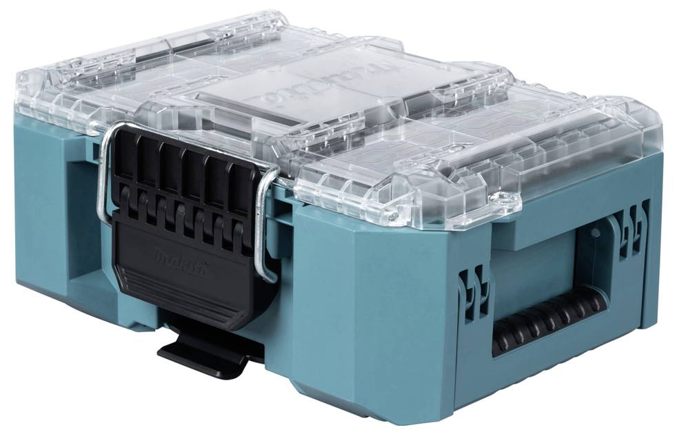 Eine blaugrüne und transparente Kunststoff-Werkzeugbox mit großem schwarzem Griff, die zum Organisieren und Transportieren von Werkzeugen und kleinem Zubehör verwendet wird.