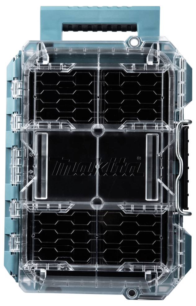 Eine transparente, rechteckige Kunststoff-Aufbewahrungsbox mit grünlich-blauem Griff und Scharnier, mit mehreren Fächern. Geeignet für Kleinwerkzeuge oder Teile.