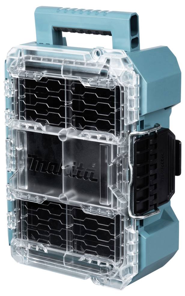 Ein transparentes Kunststoff-Aufbewahrungsgehäuse mit schwarzen Fächern und einem türkisfarbenen Griff sowie türkisfarbenen Seitenwänden, das zur Organisierung von kleinen Werkzeugen oder Zubehörteilen konzipiert ist.