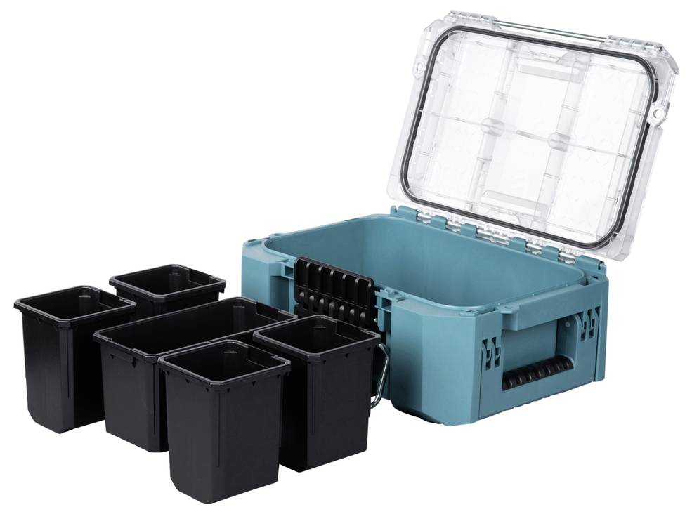 Eine türkisfarbene Aufbewahrungsbox mit transparentem Deckel ist geöffnet und zeigt sechs schwarze herausnehmbare Fächer im Inneren. Die Box verfügt über einen robusten Griff.