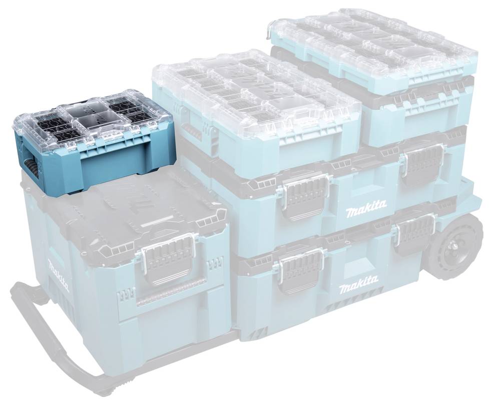 Stapel von Makita-Werkzeugkästen auf einem Wagen, wobei eine offene Schachtel die Lagerfächer zeigt.