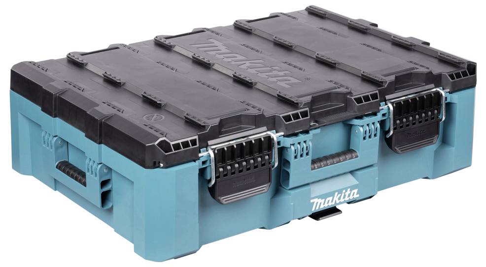 Ein türkis- und schwarzer Makita-Werkzeugkoffer mit sicheren Verschlüssen, Griffen und dem Makita-Logo auf der Vorderseite.