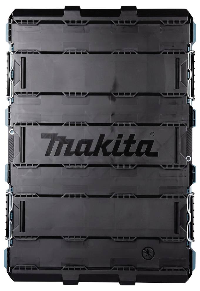 Ein schwarzes Makita-Lagerkäse mit Branding. Der Koffer ist geschlossen, verfügt über robuste Verschlüsse und ist für die Lagerung von Werkzeugen oder Ausrüstungen konzipiert.
