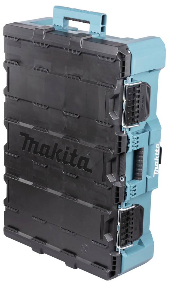 Eine schwarze und dunkelblaugrüne Makita-Werkzeugbox mit Verschlüssen und einem Griff oben.
