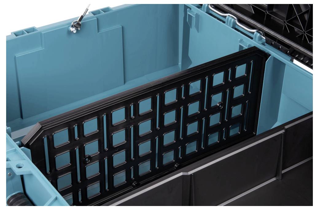 Innenraum eines blaugrünen Lagerbehälters mit einem schwarzen gitterartigen Teiler in der Mitte, der Fächer für organisierte Lagerung zeigt.