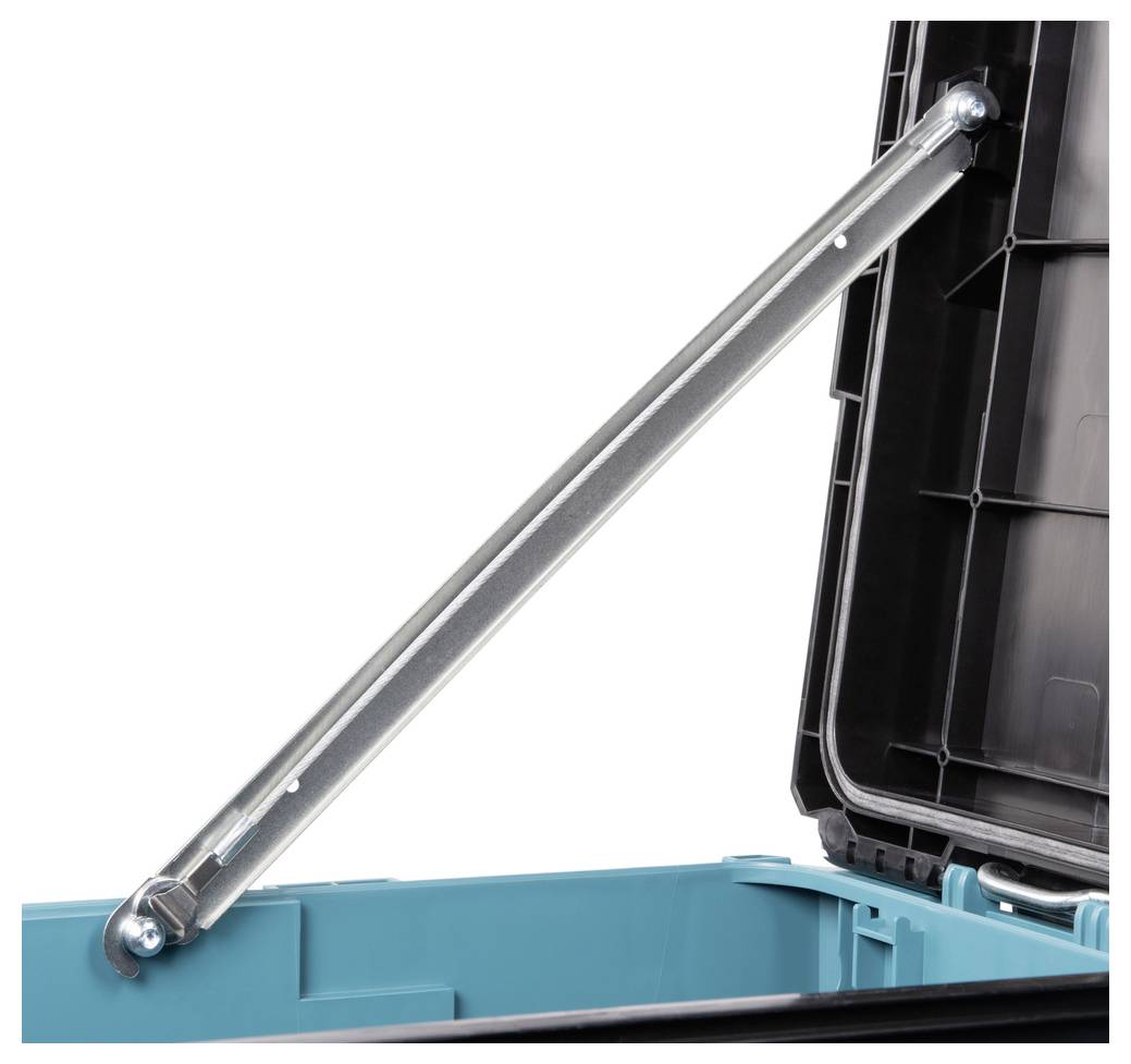 Ein Metallstab stützt den offenen Deckel einer blauschwarzen Lagerkiste und zeigt seinen Scharniersmechanismus.