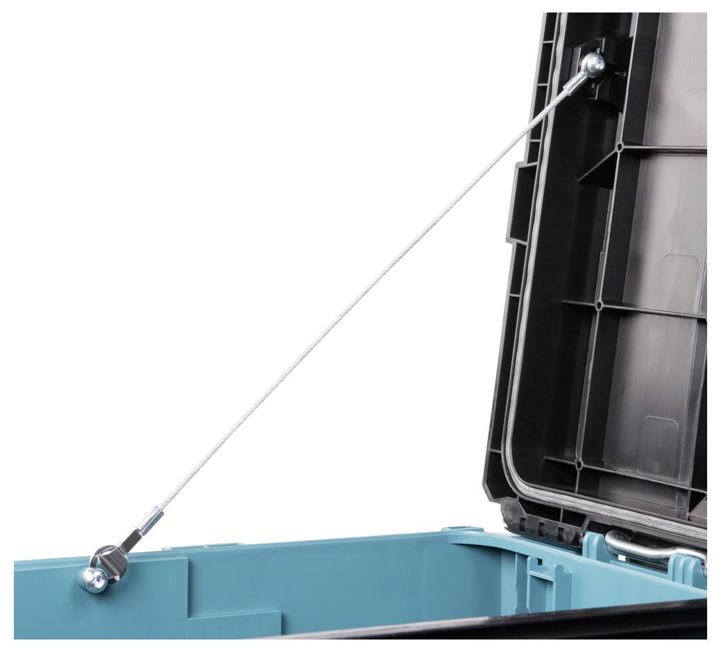 Eine Aufbewahrungsbox mit einem Kabelschamier, das den Deckel offen sichert. Das Innere ist türkis, und der Deckel ist schwarz mit einem strukturierten Design.