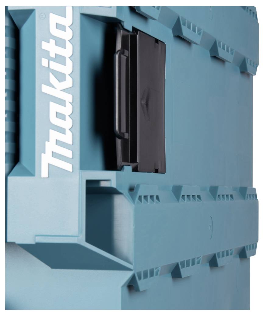 Ein blaugrüner Makita-Werkzeugkasten mit großem schwarzem Griff und auffälligem Logo auf der Seite.