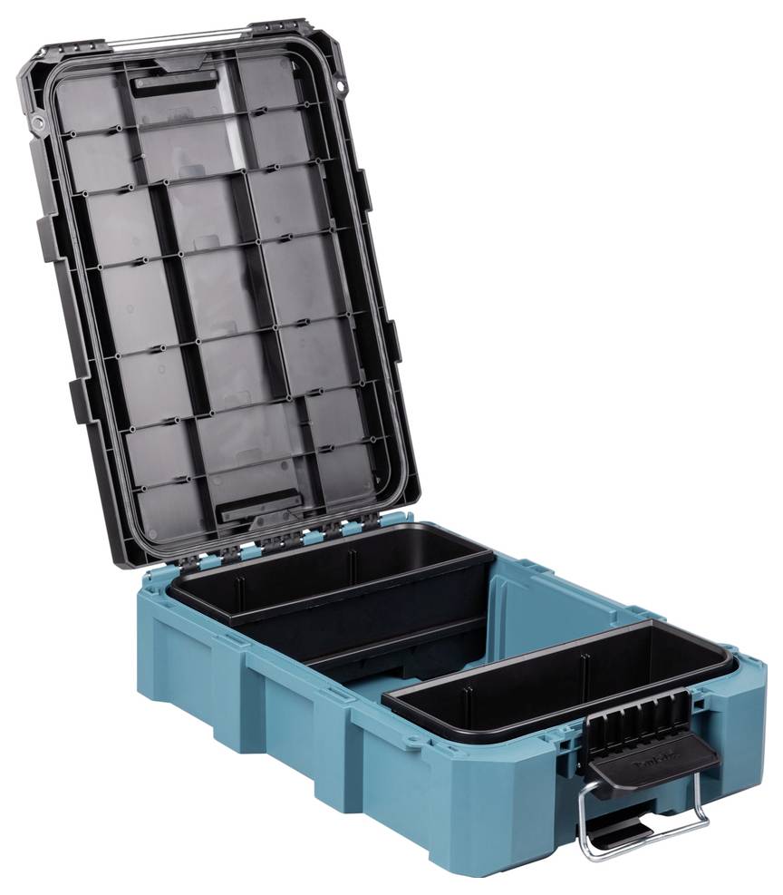 Eine blau-schwarze Kunststoff-Werkzeugbox mit geöffnetem Deckel, der zwei Hauptfächer im Inneren zeigt. Die Werkzeugbox hat einen Metallgriff an der Vorderseite.