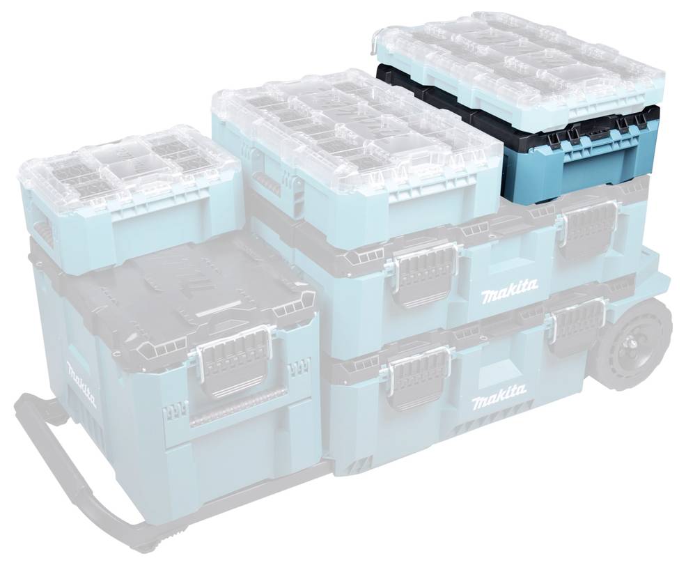 Ein blaues Makita-Modulspeichersystem mit mehreren stapelbaren Boxen und transparenten Deckeln, das ihre Organisationsfähigkeit hervorhebt.