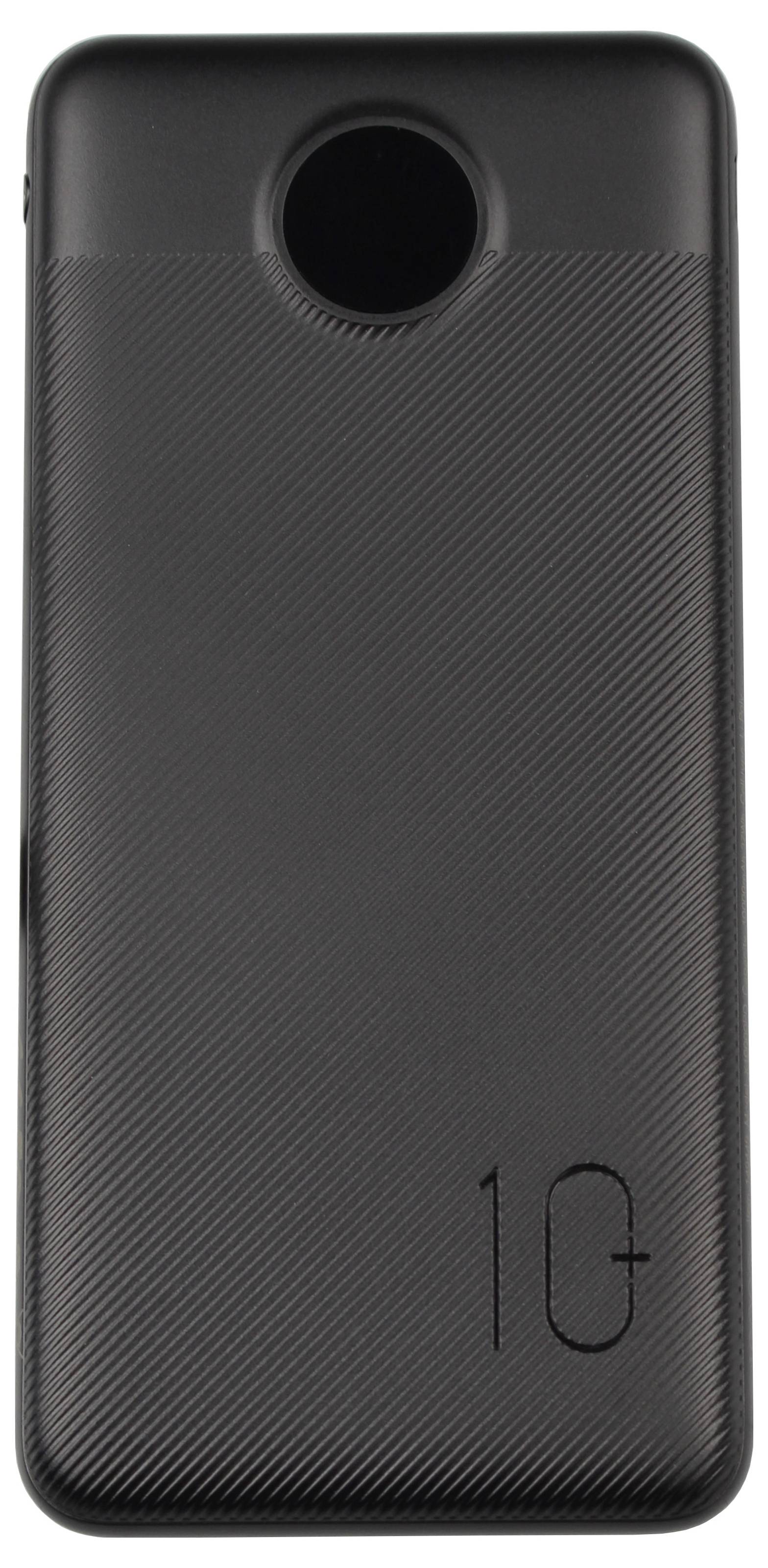 Schwarze rechteckige Powerbank mit einem kreisförmigen Knopf an der Oberseite und '10+' Text in der unteren rechten Ecke. Strukturierte Oberflächengestaltung.