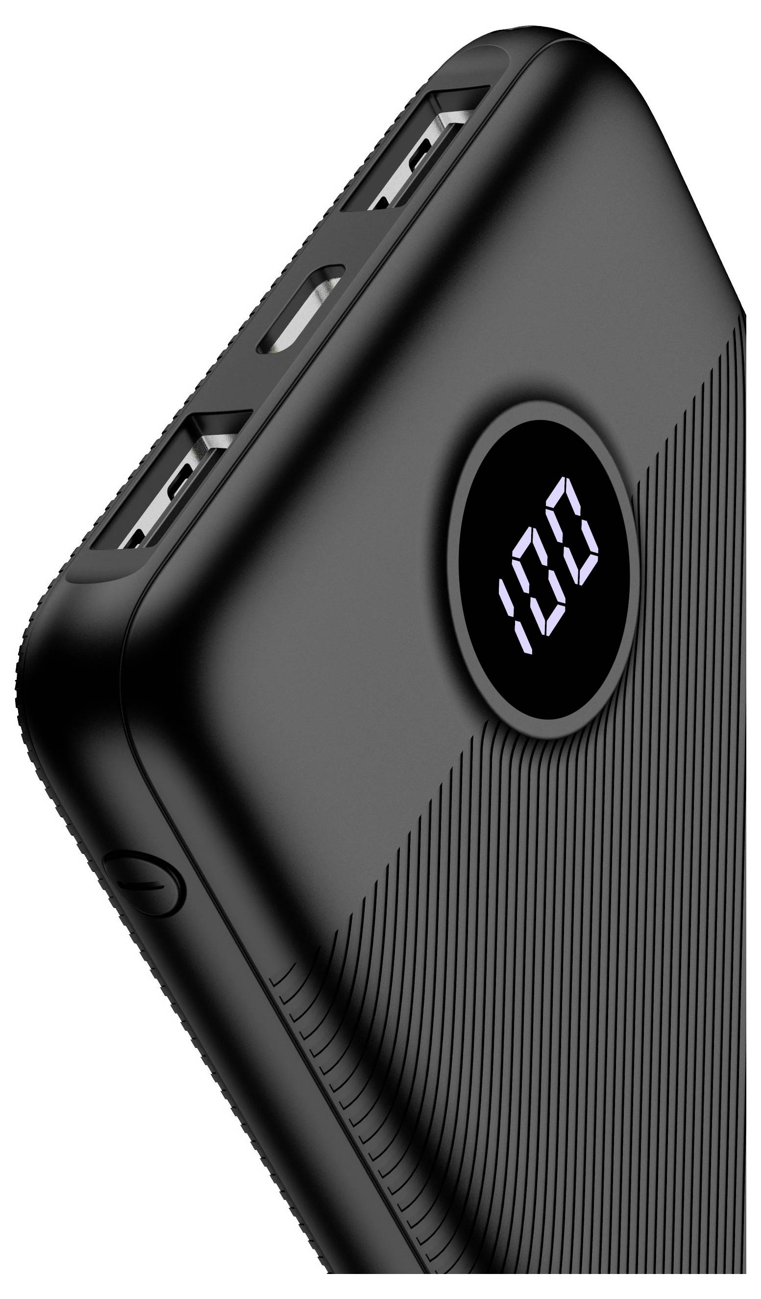 Schwarze tragbare Powerbank mit digitaler Anzeige, die '100' zeigt und signalisiert, dass sie vollständig aufgeladen ist, mit zwei USB-Anschlüssen an der Seite.