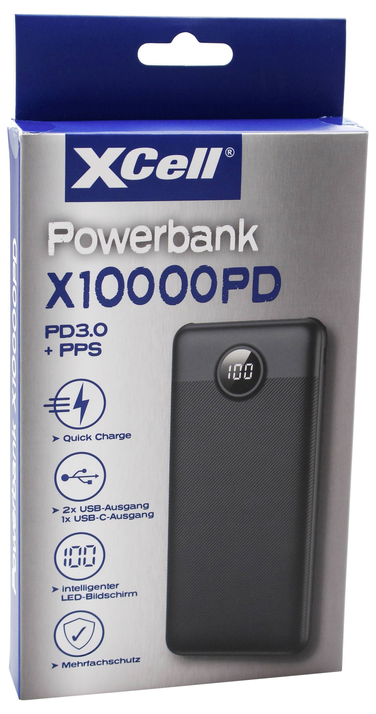 'XCell Powerbank X10000PD' Verpackung zeigt eine schwarze Powerbank mit einem digitalen Display. Die Funktionen umfassen Schnellladung und mehrere Sicherheitsschutzmaßnahmen.