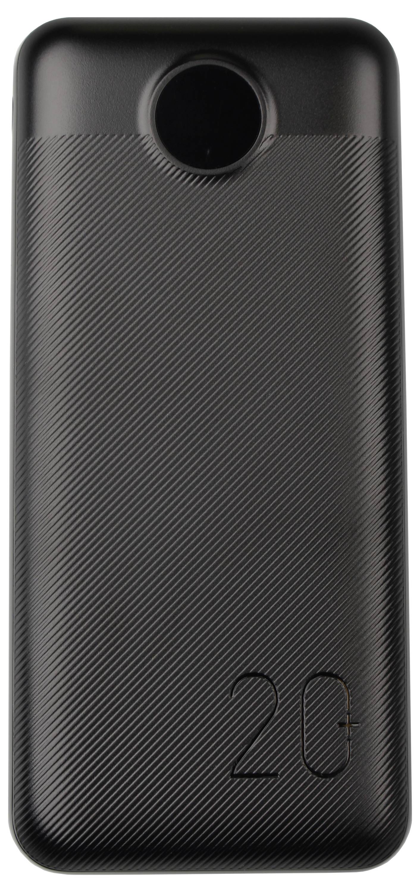 Schwarze rechteckige Powerbank mit strukturierter Oberfläche und '20+' Markierung, mit einem kreisförmigen Einschaltknopf an der Oberseite.