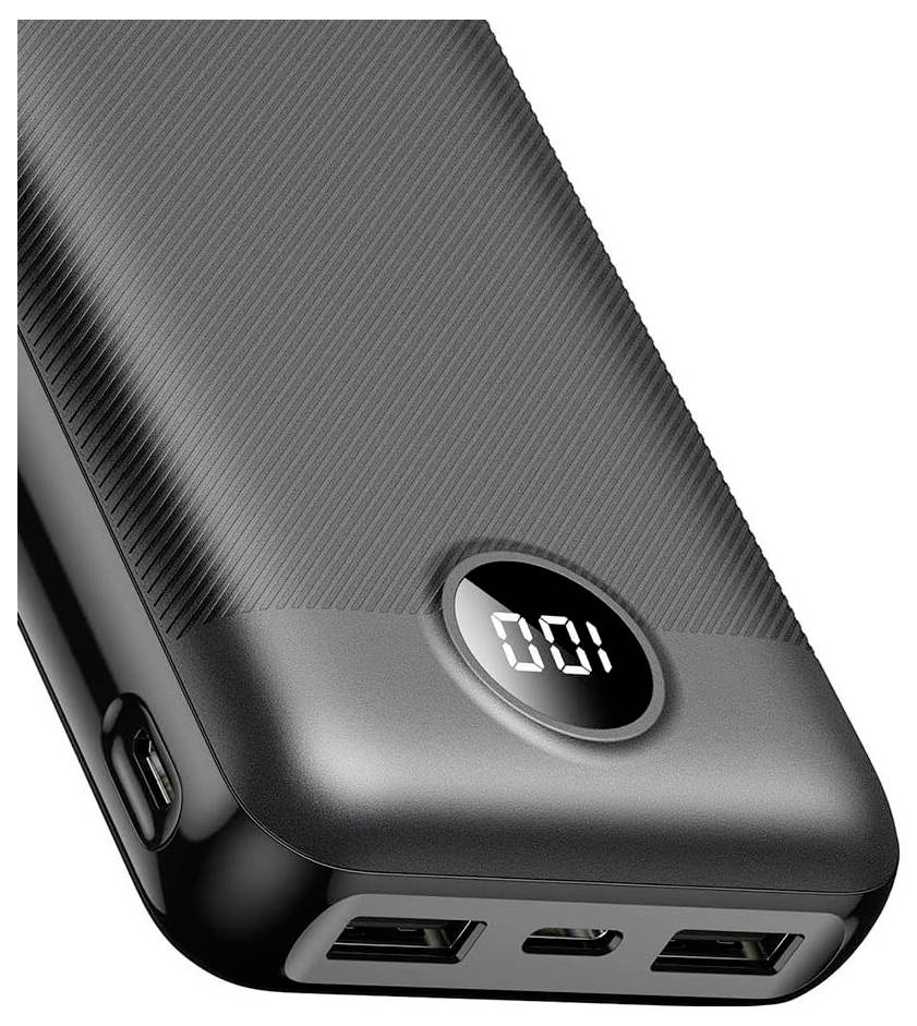 Eine schwarze mobile Powerbank mit einer LED-Anzeige zeigt '001'. Sie verfügt über zwei USB-Anschlüsse und eine strukturierte Oberfläche und ist für das Aufladen von Geräten unterwegs konzipiert.