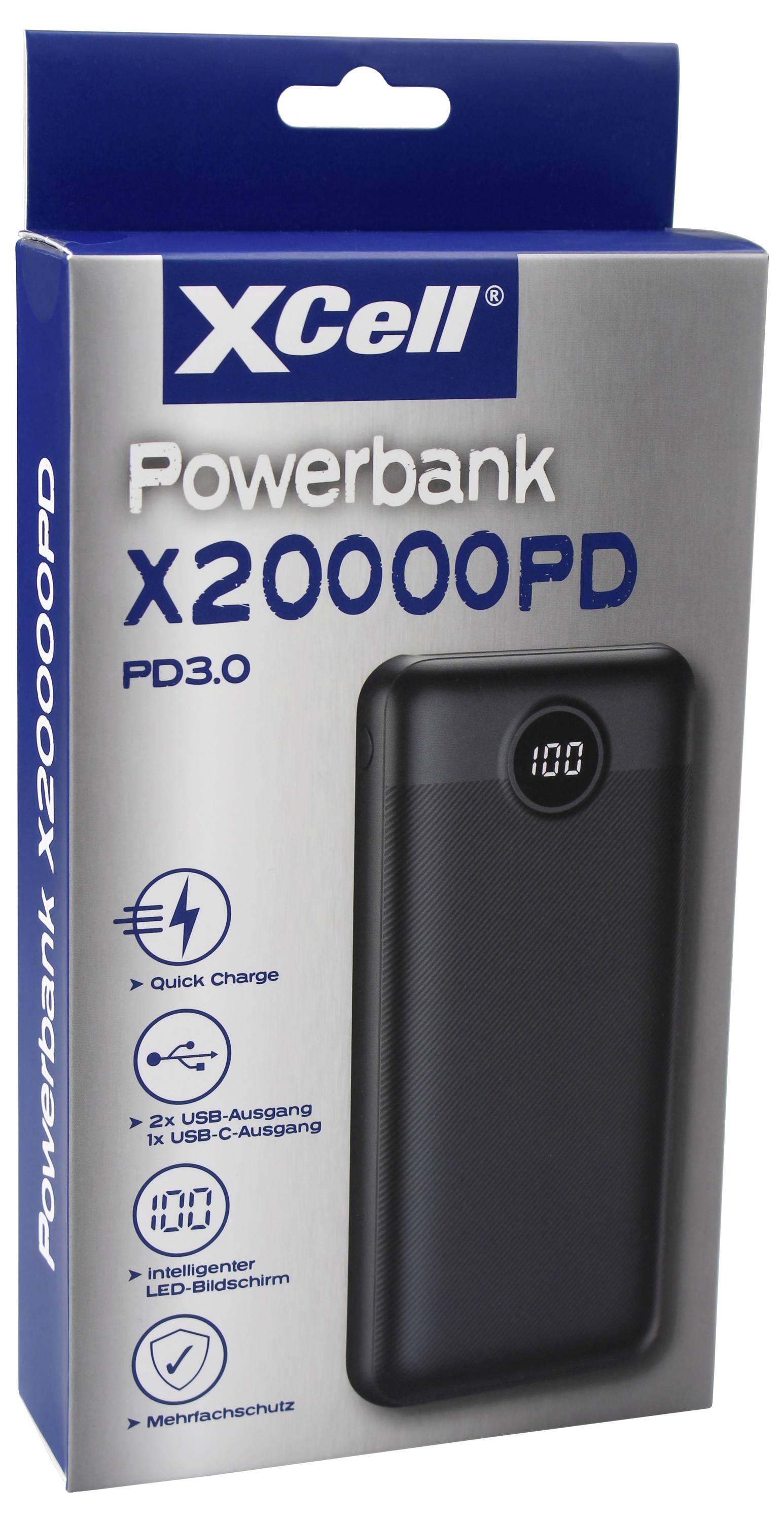 Verpackung des 'XCell Powerbank X20000PD' mit einem schwarzen Powerbank-Gerät mit LED-Display, ausgestattet mit Schnellladefunktion und doppelten USB-Ausgängen.