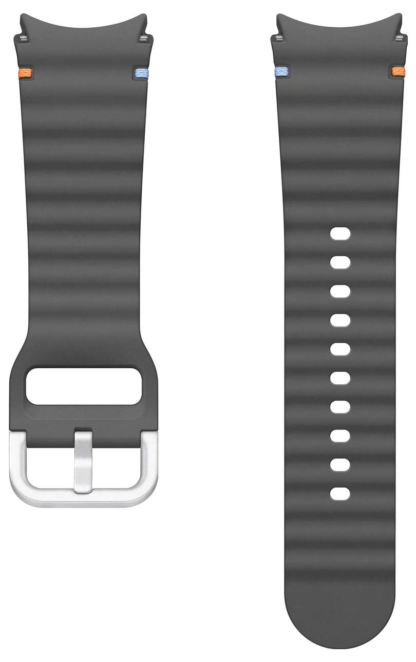 Schwarzes geripptes Uhrenarmband mit silberner Schnalle und mehreren Verstelllöchern, in zwei Segmenten nebeneinander dargestellt.