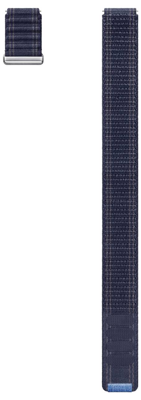 Ein langes, dunkelblues gewebtes Band mit einer kleinen metallischen Schnalle oben, entworfen zur Verwendung mit einer Uhr oder einem tragbaren Gerät.