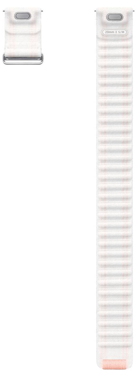 Ein weiß und orange gestreiftes Nylon-Armband aus Kunststoff für ein tragbares Handgelenkgerät, dargestellt in sowohl gefalteter als auch ausgestreckter Ansicht.