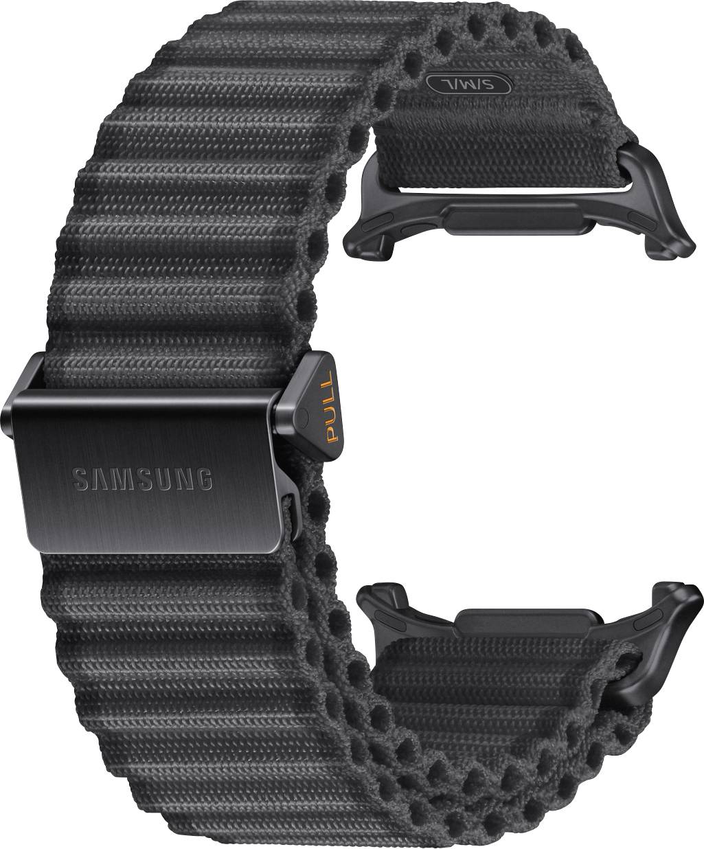 Ein schwarzes Samsung-Uhrenarmband mit Stoffstruktur und einer Metallschließe mit der Aufschrift „PULL