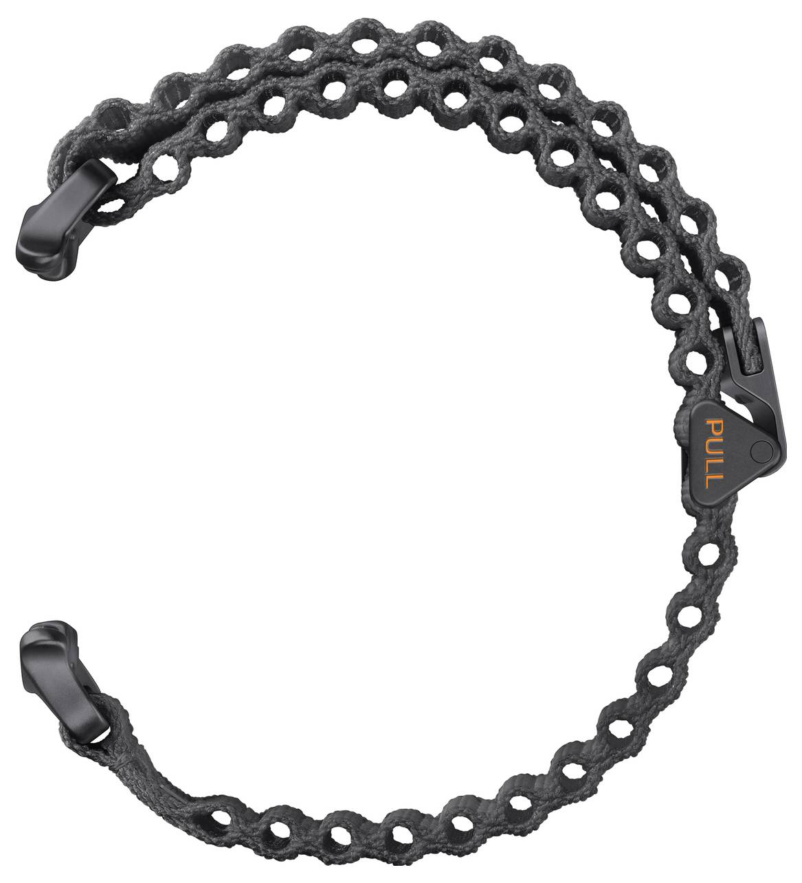 Ein schwarzes geflochtenes Kettenarmband mit kreisförmigen Schlaufen und einer Schließe mit der Aufschrift 