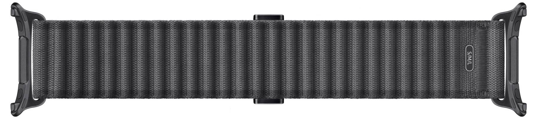 Ein dunkles gewebtes Uhrenarmband mit einer Schnalle, mit strukturiertem Muster und Befestigungsösen an beiden Enden.