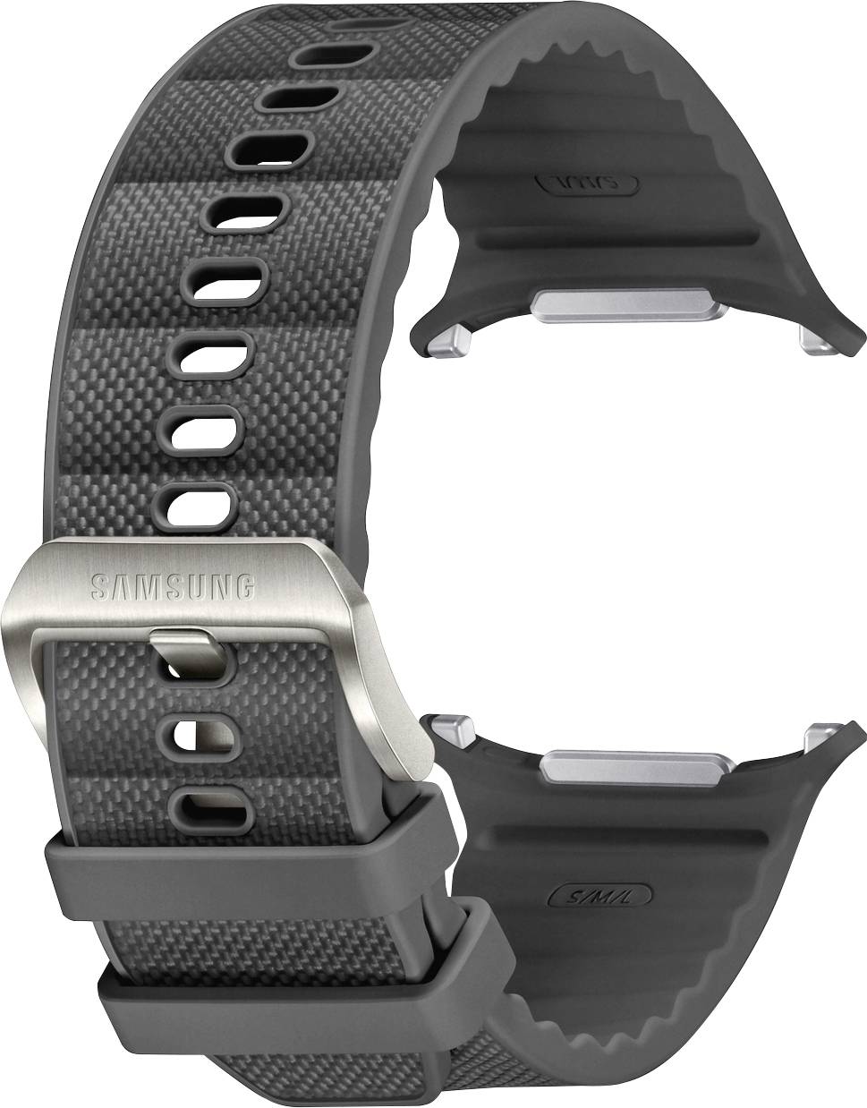 Ein schwarzes strukturiertes Uhrenarmband mit einer Metallschnalle, konzipiert für Samsung-Uhren, mit mehreren Löchern zur Längenverstellen und detailreicher Verarbeitung.