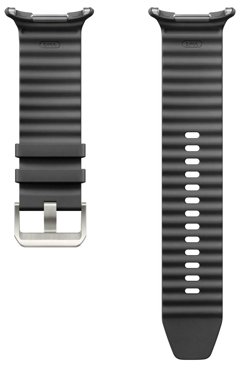 Schwarzes geripptes Uhrenband mit Edelstahlschließe, von verschiedenen Winkeln gezeigt.