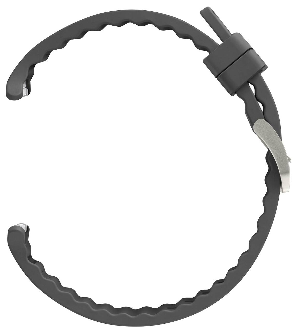 Ein schwarzes, aufgerolltes Fahrradschloss mit einem wellenförmigen Design und einer Metallklappe an einem Ende, vertikal positioniert.