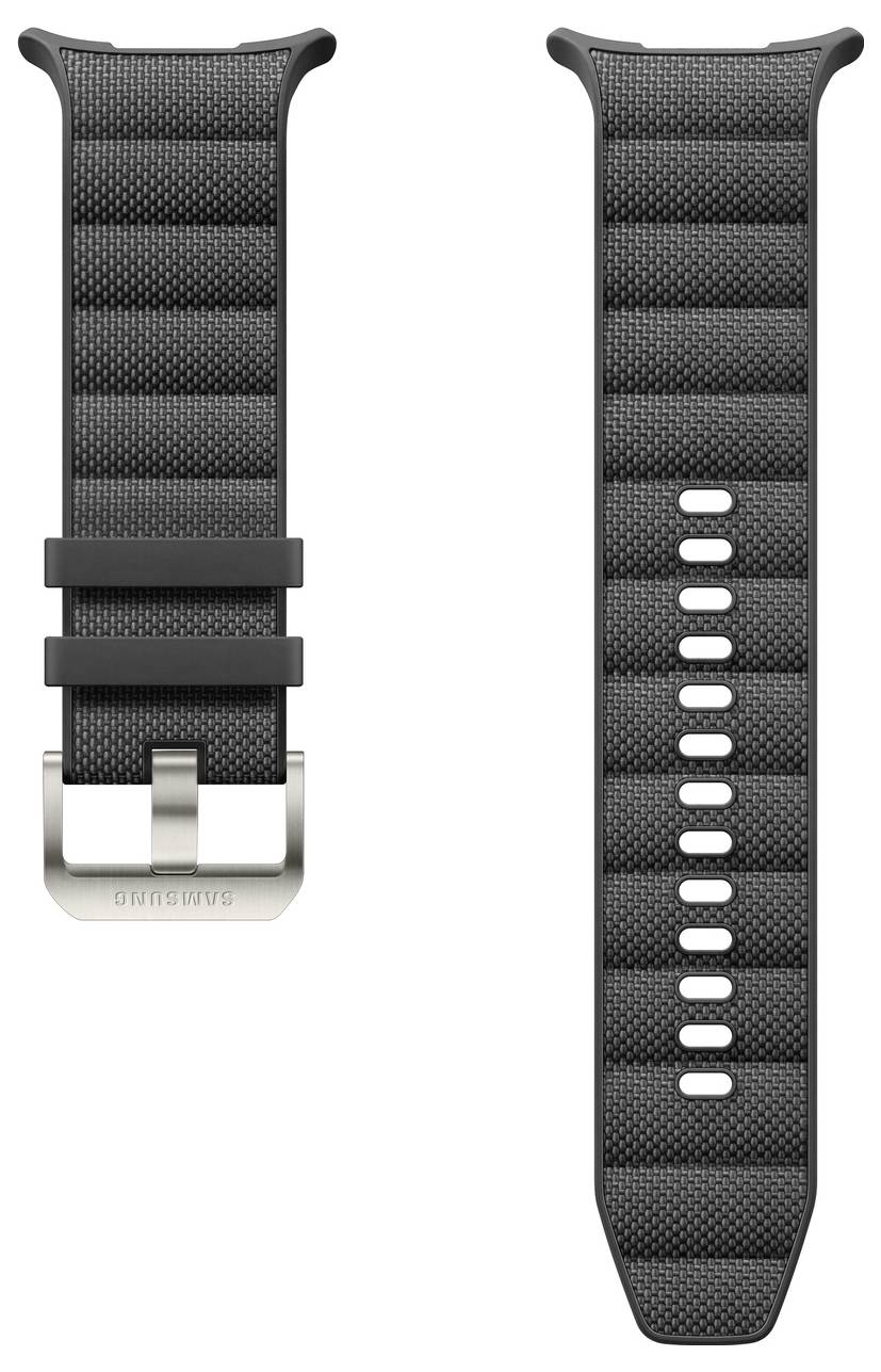 Zwei schwarze strukturierte Uhrenarmbänder nebeneinander, mit einer Schnalle am linken Armband und mehreren Löchern am rechten Armband zur Größenverstellung.