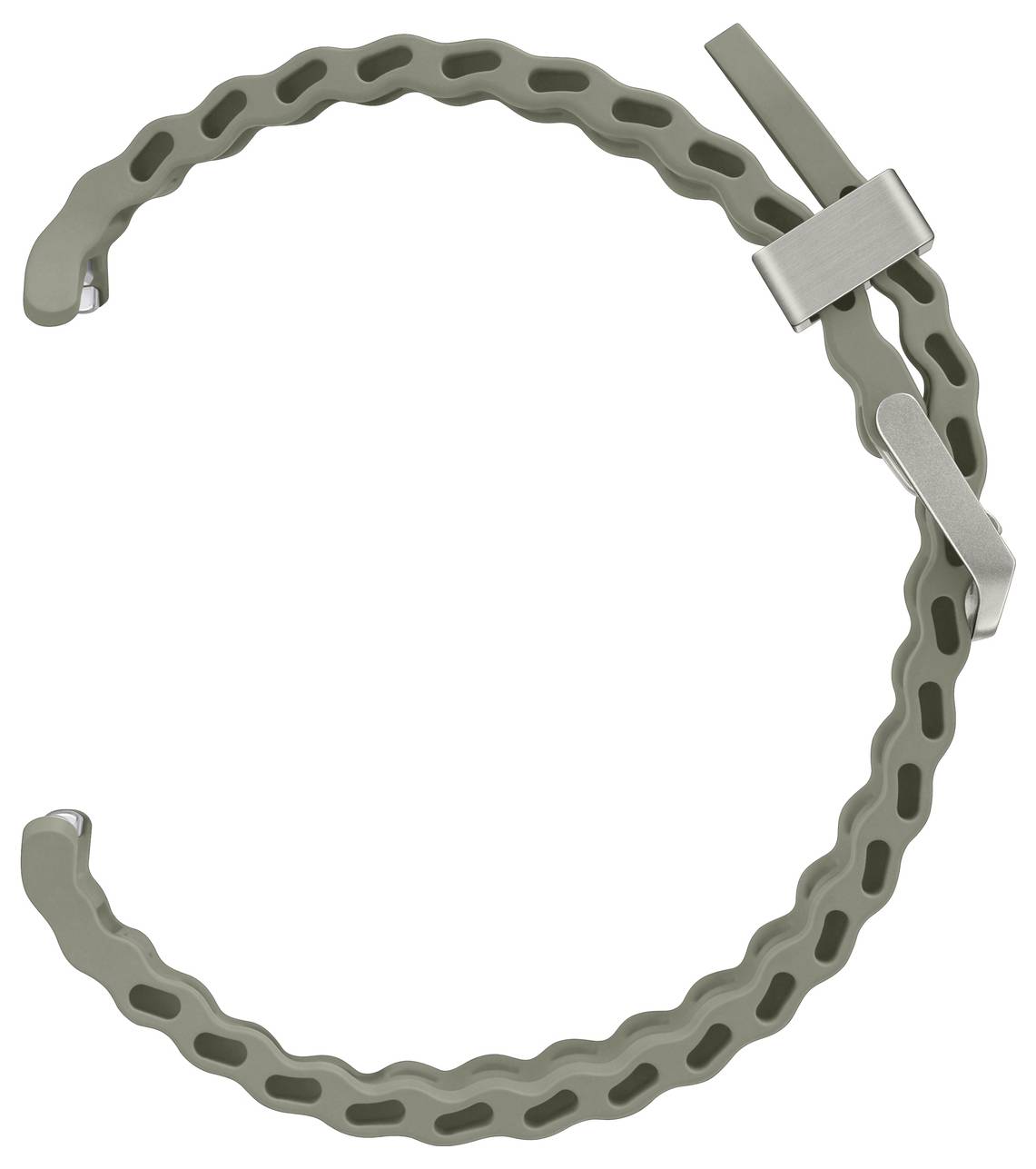 Eine runde, flexible, graugrüne Kunststoffkette mit verstellbaren Metallverschlüssen, wahrscheinlich ein Werkzeug oder Zubehör zum Befestigen von Gegenständen.