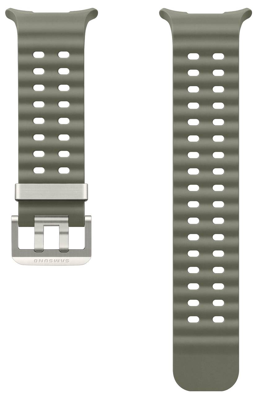 Grünes Smartwatch-Armband mit mehreren Löchern zur Größenverstellung, ausgestattet mit einer Metallschließe mit der Aufschrift „Samsung