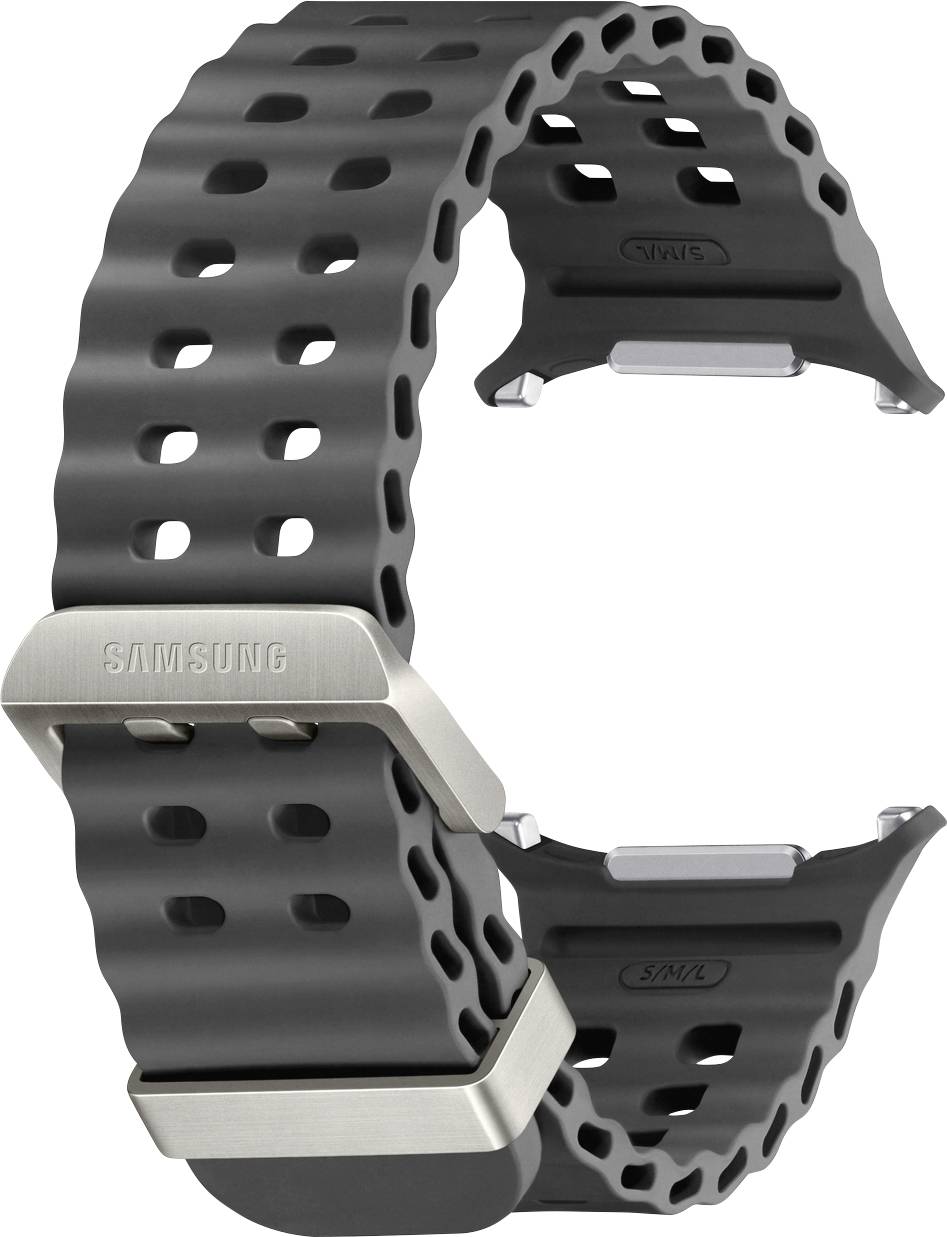 Ein schwarzes, perforiertes Uhrenarmband mit metallischen Verschlüssen, Marke „Samsung