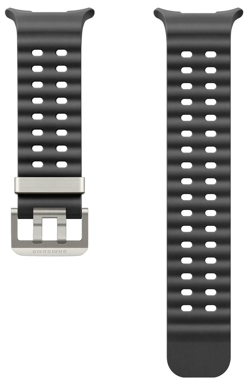 Ein schwarzes Samsung-Uhrenarmband mit Waffeltextur und mehreren Verstelllöchern, ausgestattet mit einer Metallschnalle für sichere Befestigung.