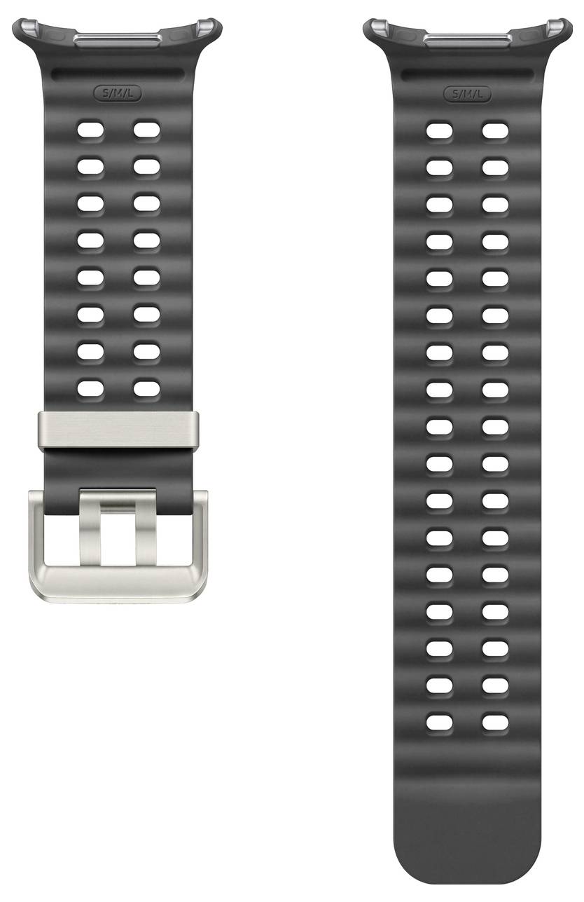 Ein schwarzes intelligentes Uhrenarmband mit einer silbernen Schließe, mit mehreren Löchern für verstellbare Größenanpassung.