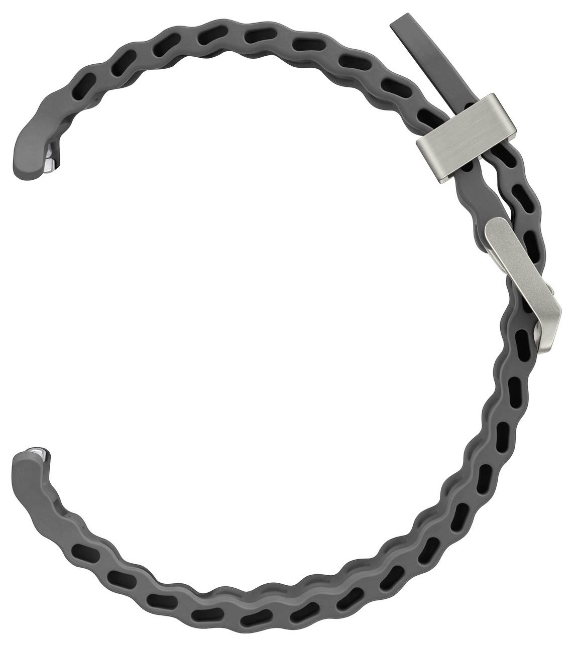 Ein grauer, kreisförmiger Uhrenarmband mit einer Metallschnalle, das vor einem weißen Hintergrund angezeigt wird.