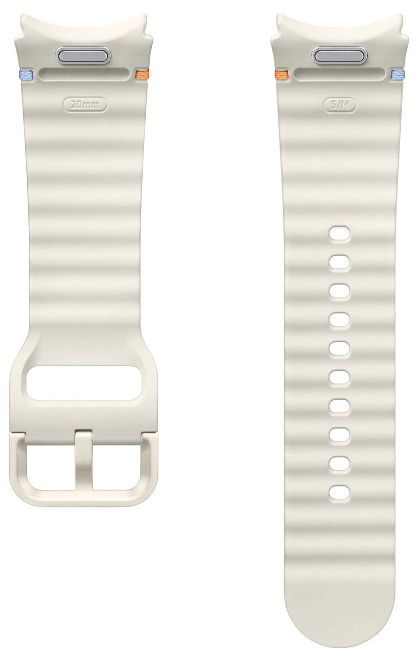 Zwei beige Uhrenarmbänder, separat dargestellt; eines mit Schnalle, das andere mit Löchern zur Verstellung. Beide haben eine gerippte Textur.