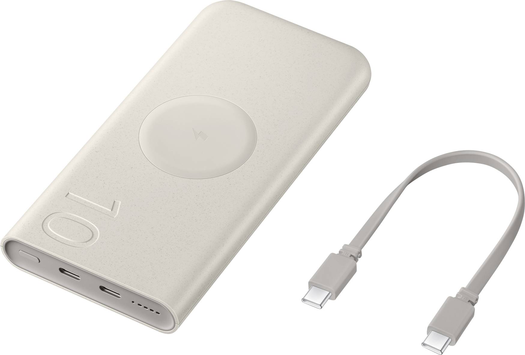 Eine beige, rechteckige Powerbank mit einem Wireless-Charging-Logo und der Zahl „10