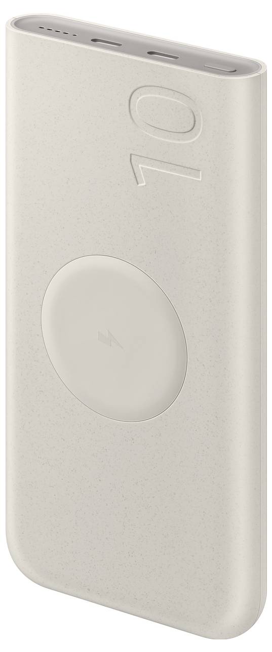 Eine schlanke, rechteckige beige Powerbank mit einer kabellosen Ladefläche, zwei USB-Anschlüssen oben und der Nummer „10