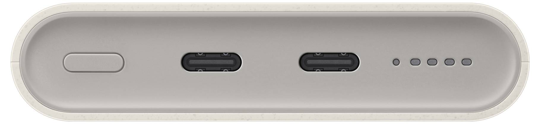 Eine Nahaufnahme des Anschlussbereichs eines Geräts, die eine Taste, zwei USB-C-Anschlüsse und fünf LED-Indikatoren zeigt, was auf Konnektivität und Ladestatus hindeutet.