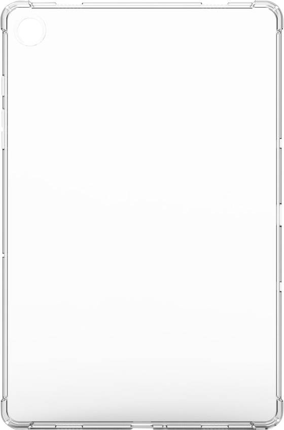 Ein klares, minimalistische Tablet-Schutzhülle, die sein schlankes Design und präzise Ausschnitte für Tasten und Kamerazugriff zeigt, auf einem einfachen Hintergrund platziert.
