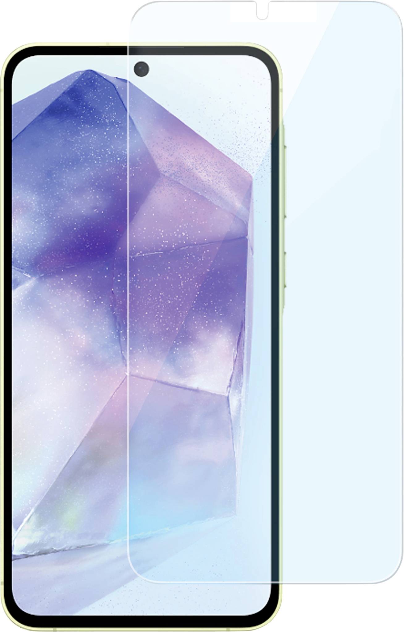 Ein Smartphone mit einem großen Display zeigt ein abstraktes, farbenfrohes geometrisches Design. Daneben liegt ein transparenter Displayschutz.