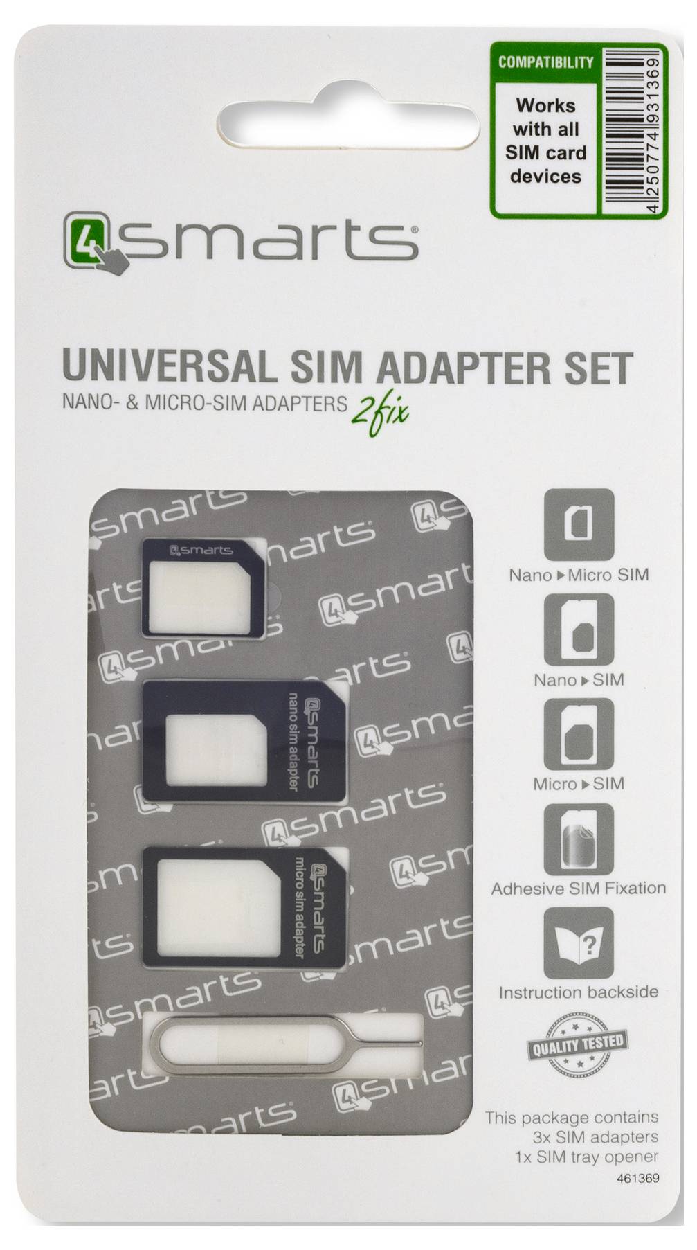 '4smarts Universal SIM Adapter Set' Verpackung mit Adaptern für Nano zu Micro, Nano zu SIM und Micro zu SIM, mit beiliegendem Werkzeug.