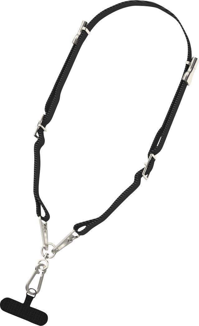 Eine schwarze verstellbare Umhängeschnur mit Clips und einer T-förmigen Befestigung, verwendet zum Sichern von Gegenständen oder Ausweisen.
