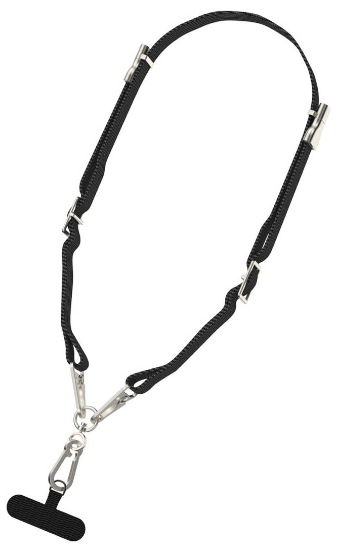 Verstellbares schwarzes Umhängeband mit Metallclips und einer Kunststoff-Ausweishalteranbringung, geeignet zum Halten von Ausweisen oder Zugangsausweisen.