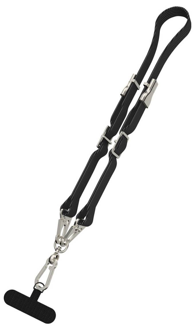 Ein schwarzer und silberner verstellbarer Gurt mit Clips, entwickelt um Objekte sicher zu halten oder zu befestigen.