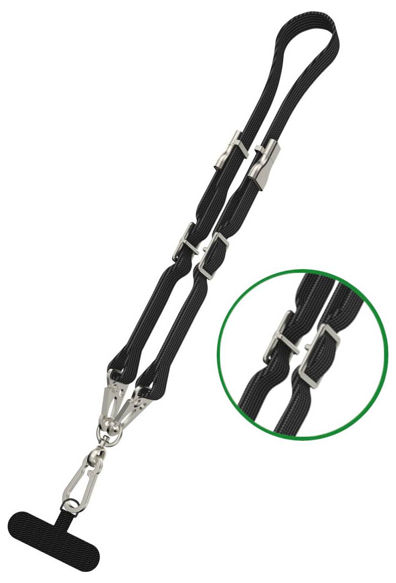 Ein schwarzer verstellbarer Schultergurt mit Metallclips und einem abnehmbaren Verbinder, gezeigt mit einer Nahaufnahme seiner Schnalle und Nahtdetails.